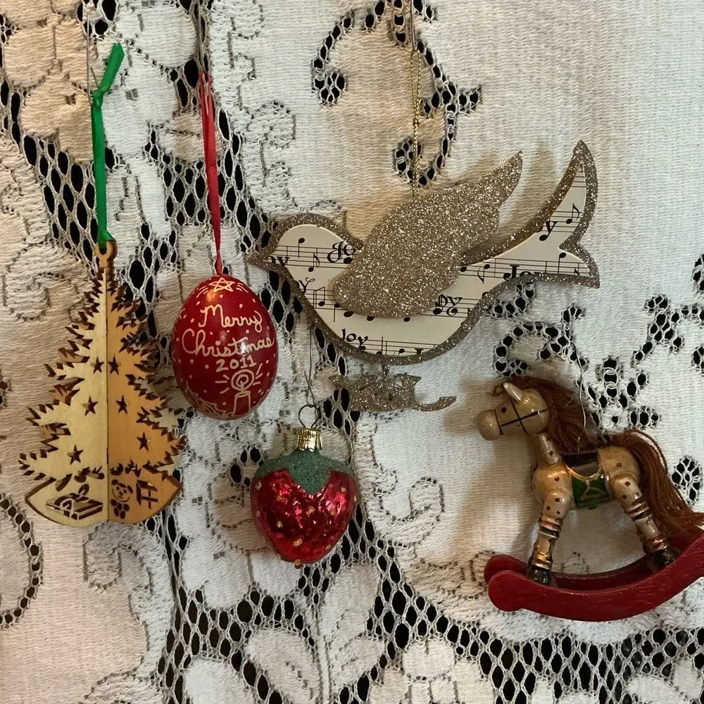 Vintage Christmas Ornament Lot Wood Glass Bird Joy 5pc Set